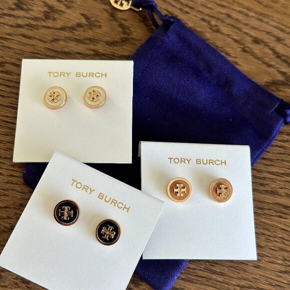 NEW!Tory Burch Enamel Logo Stud Earrings -Black/ Ivory/ Tan - Picture 1 of 8